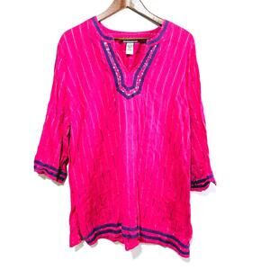 Catherines Tunic Top Women's Plus Size 3X Pink Striped Cotton Boho Embellished